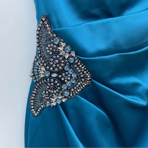 Eliza J Turquoise Blue Satin Cocktail, dance, prom dress with side embellishment - Picture 2 of 4